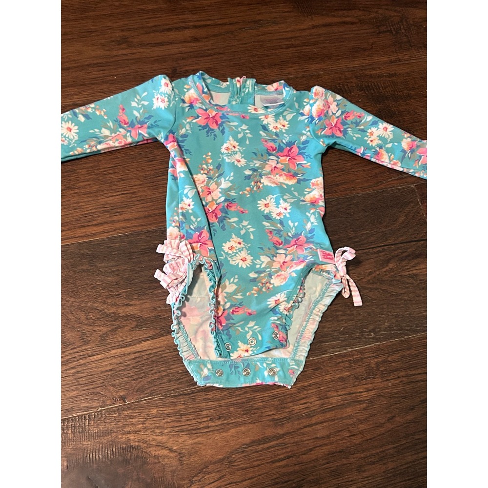 RuffleButts Aqua Floral Long Sleeve Rash Guard Swimsuit with Ruffles 12-18M